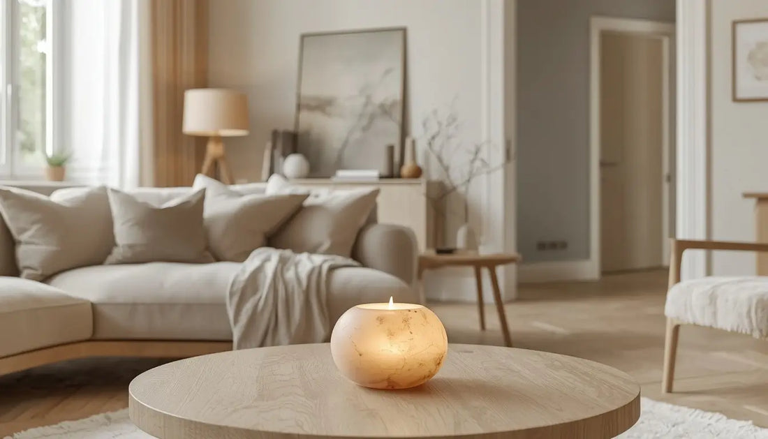 Warm alabaster white living room featuring light wood furniture and a glowing round natural alabaster candle holder on a coffee table.