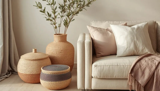 Handwoven palm leaf baskets for living room storage by ROYA