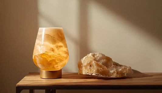 Handgeschnitzte durchscheinende ägyptische Calcit-Alabaster-Lampe und Rohstein