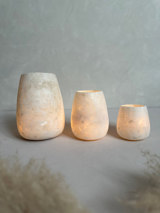Roya the Brand alabaster vases displayed neatly with warm tone